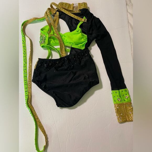 Glamour solo dance costume leotard Money green embellished rhinestone SC child - Picture 4 of 11